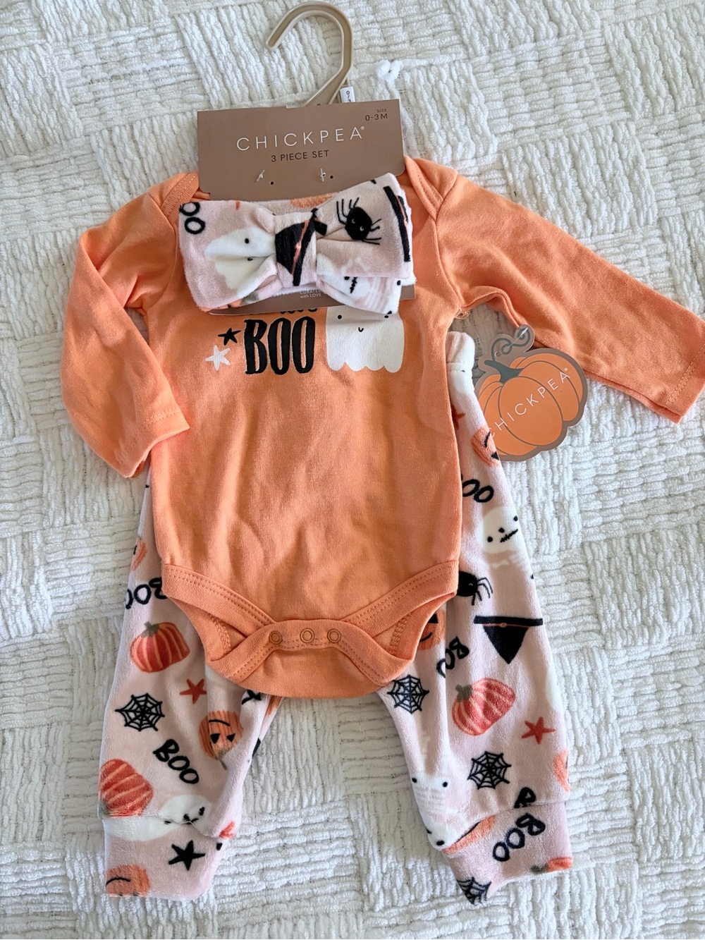 chick pea Orange Halloween 'Boo' Baby One-Piece Set with Printed Pants & Bow